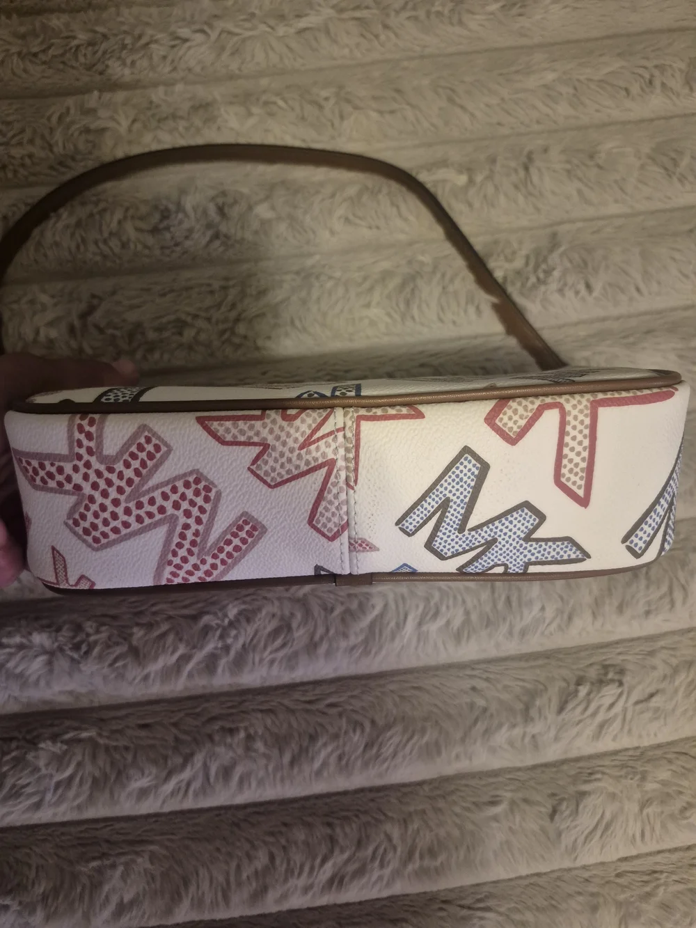Michael Kors White Multicolor MK Print Shoulder Bag with Brown Strap